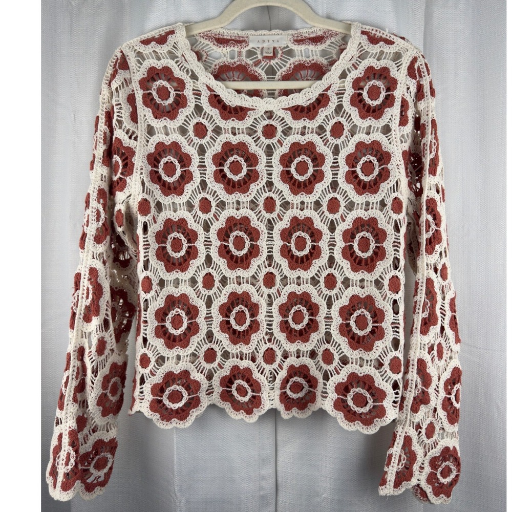 Adiva Crochet Knit Floral Sweater Rust Orange Cream Boho Long Sleeve Top Small